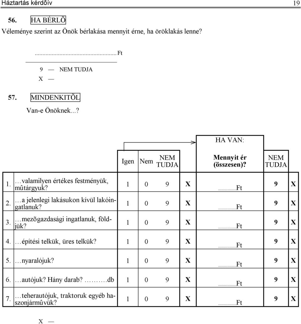 valamilyen értékes festményük, mûtárgyuk? 1 0 2. a jelenlegi lakásukon kívül lakóingatlanuk? 1 0 3.