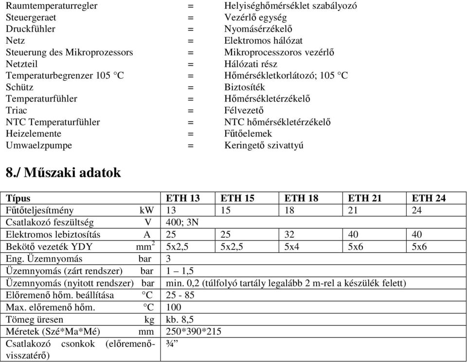 hımérsékletérzékelı Heizelemente = Főtıelemek Umwaelzpumpe = Keringetı szivattyú 8.