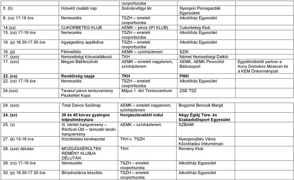 (szo) Nemzetiségi Kórustalálkozó TKH Német Nemzetiségi Dalkör 17. (szo) Megyei Bábfesztivál AEMK emeleti nagyterem, színházterem AEMK, AEMK Pinocchió Bábcsoport 22. (cs) Rendőrség napja TKH PMH 22.