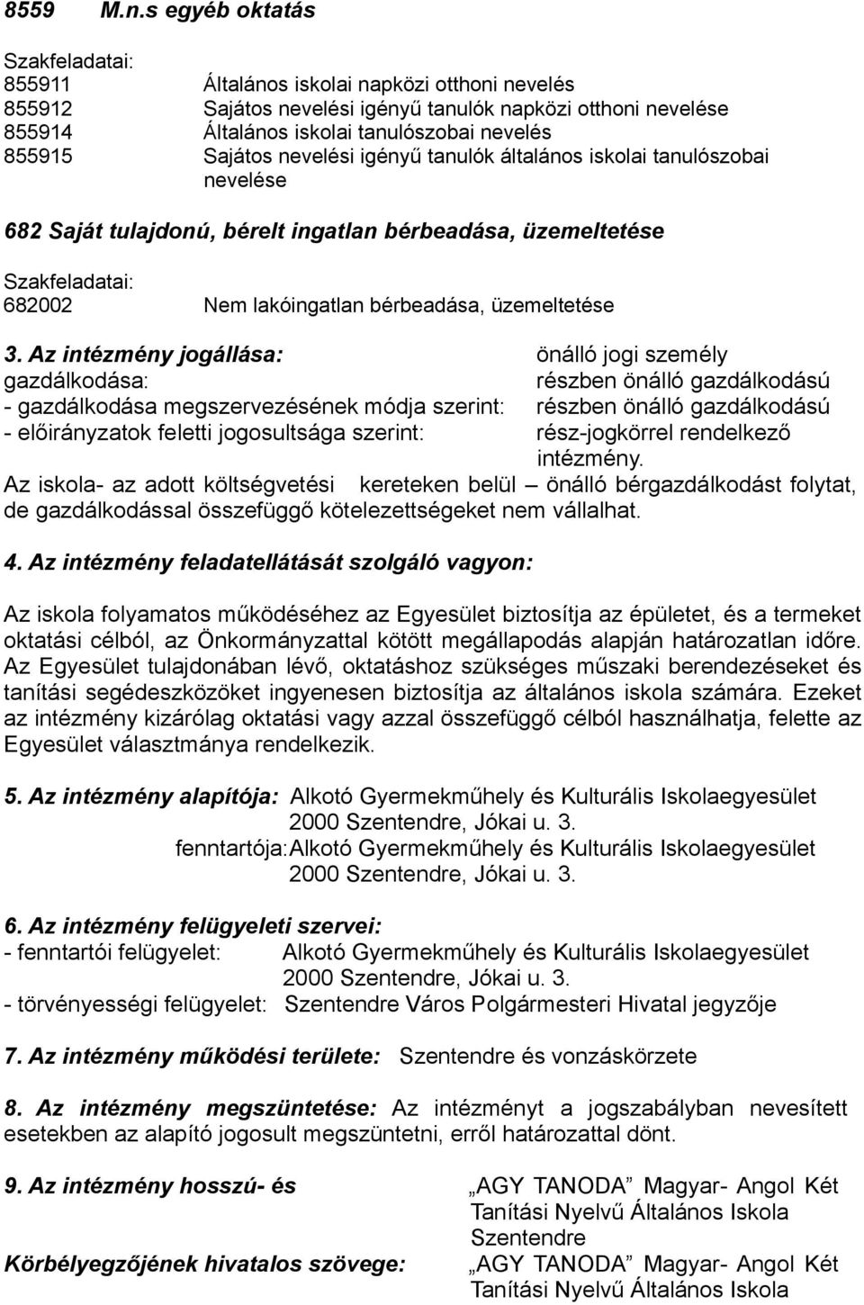 igényű tnulók áltlános iskoli tnulószobi nevelése 682 Sját tuljdonú, bérelt ingtln bérbedás, üzemeltetése Szkfeldti: 682002 Nem lkóingtln bérbedás, üzemeltetése 3.