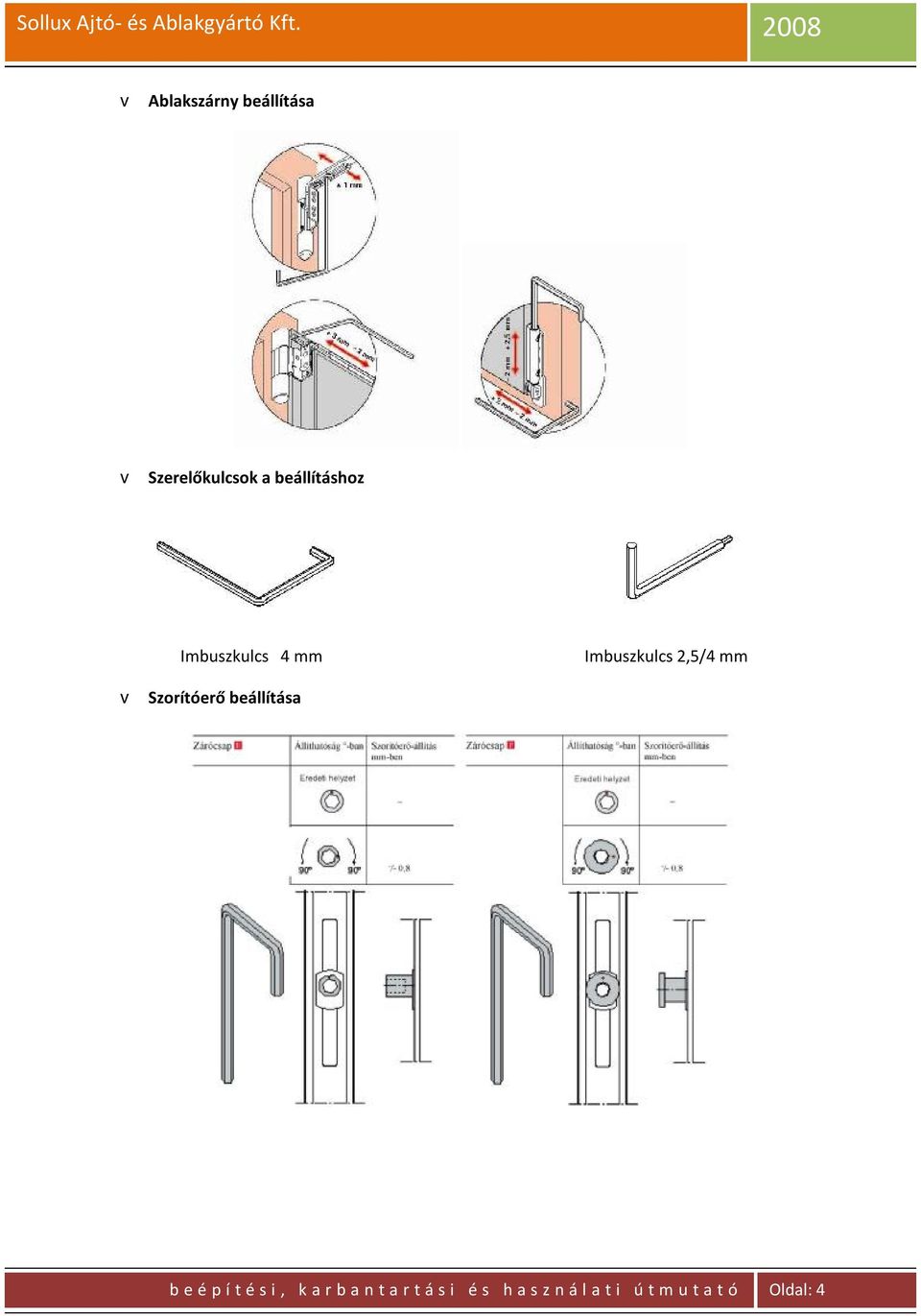 beállításhoz Imbuszkulcs 4 mm Imbuszkulcs 2,5/4 mm v