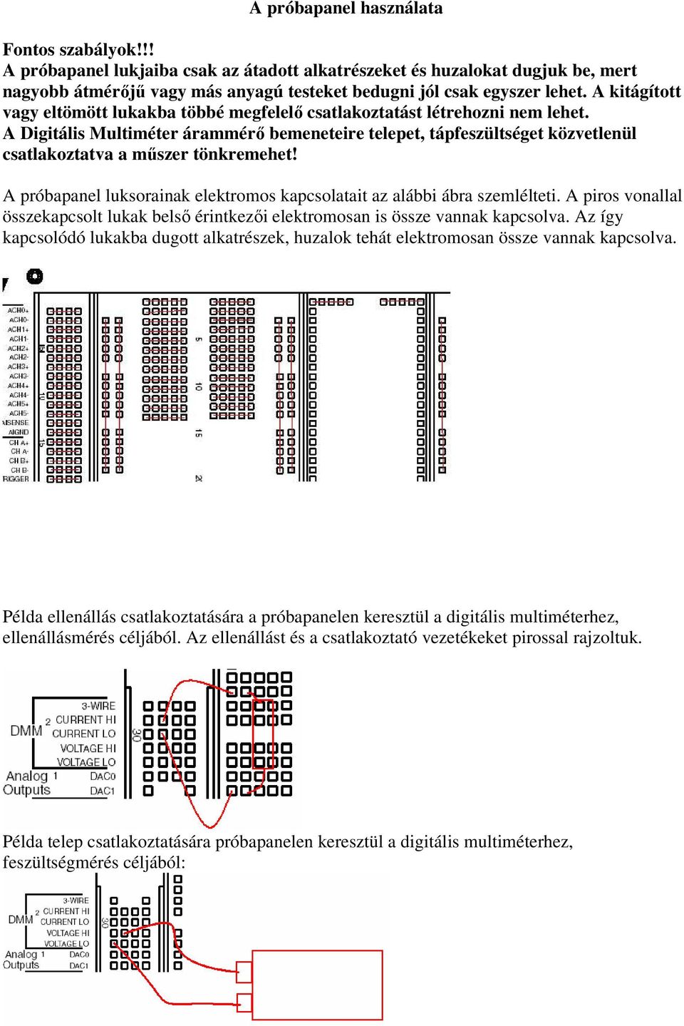 A Digitális Multiméter árammérő bemeneteire telepet, tápfeszültséget közvetlenül csatlakoztatva a műszer tönkremehet! A próbapanel luksorainak elektromos kapcsolatait az alábbi ábra szemlélteti.