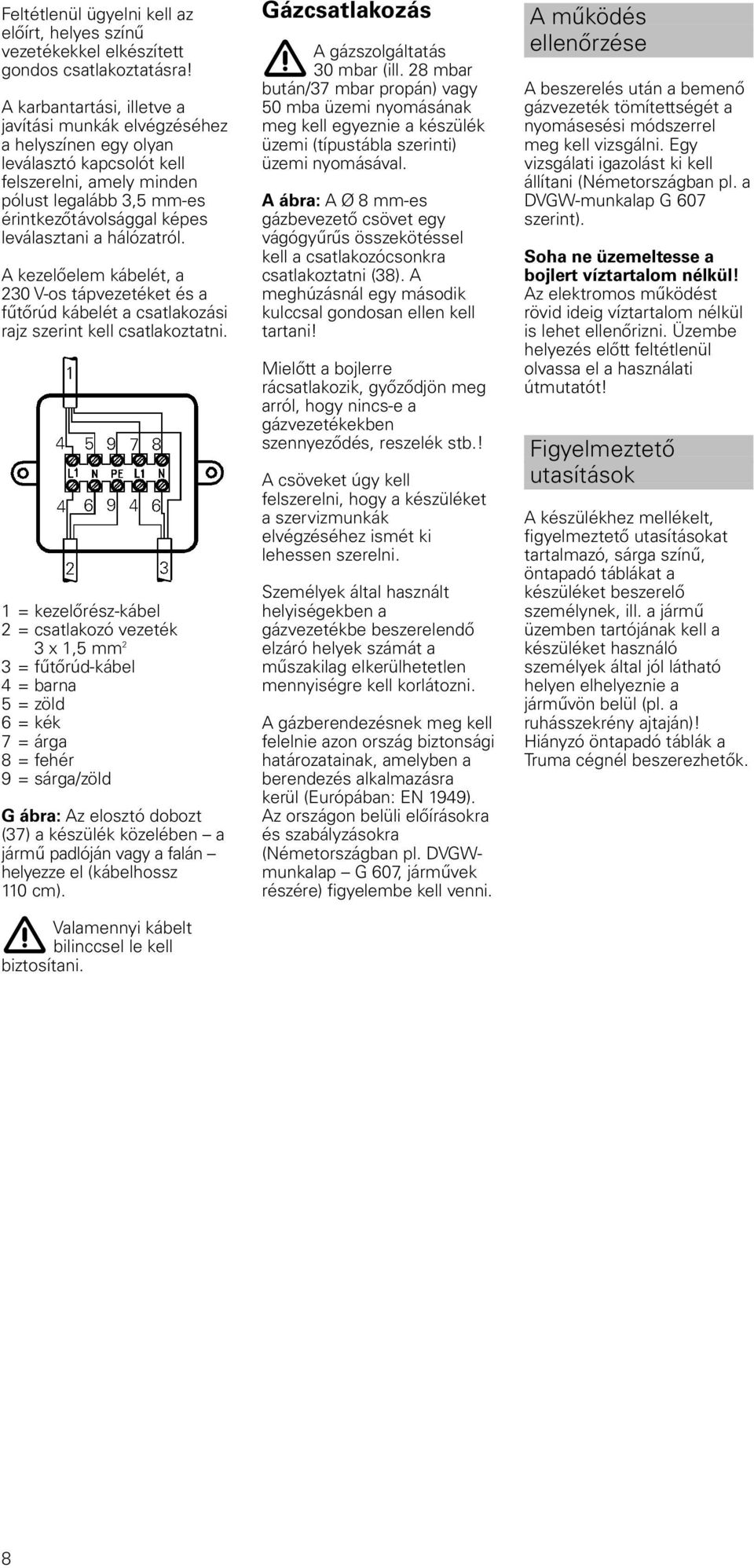 hálózatról. A kezelőelem kábelét, a 230 V-os tápvezetéket és a fűtőrúd kábelét a csatlakozási rajz szerint kell csatlakoztatni.