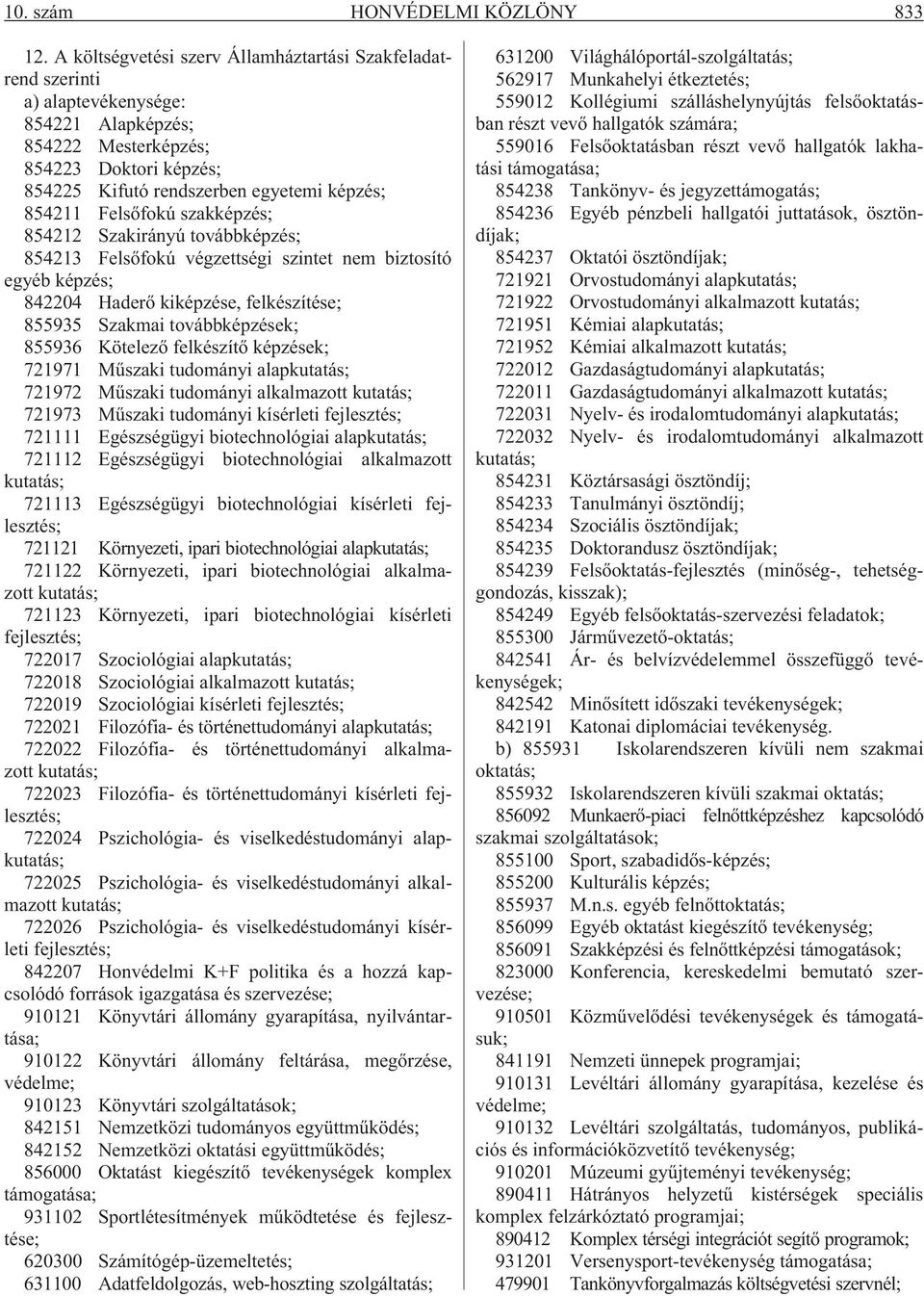 Felsõfokú szakképzés; 854212 Szakirányú továbbképzés; 854213 Felsõfokú végzettségi szintet nem biztosító egyéb képzés; 842204 Haderõ kiképzése, felkészítése; 855935 Szakmai továbbképzések; 855936