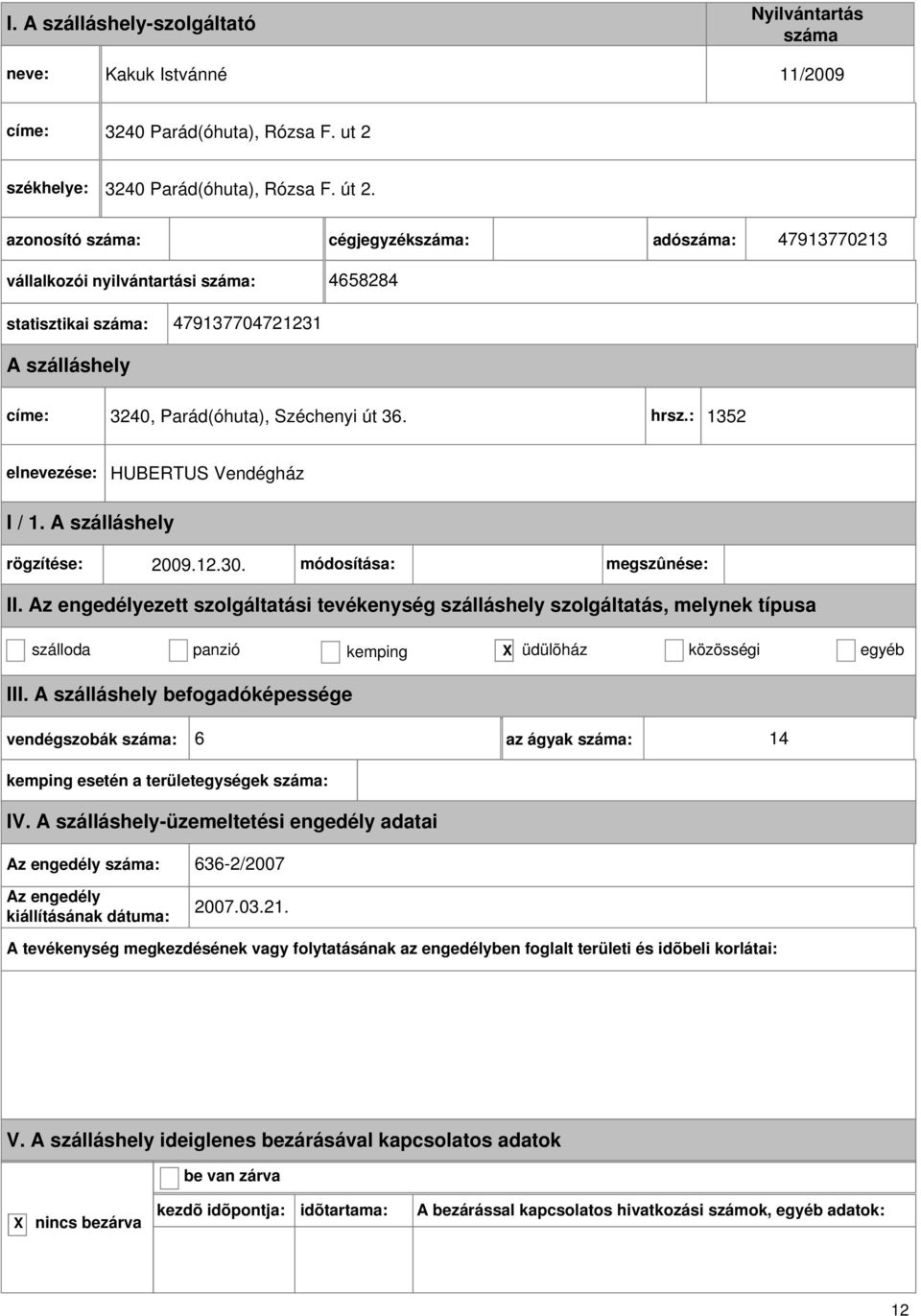 Széchenyi út 36. hrsz.: 1352 HUBERTUS Vendégház rögzítése: 2009.12.30.