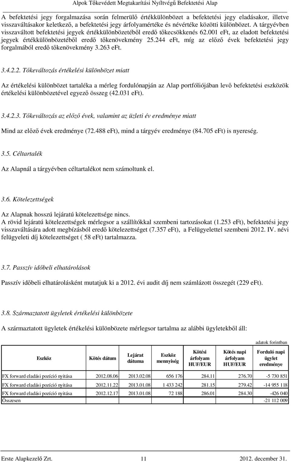 244 eft, míg az előző évek befektetési jegy forgalmából eredő tőkenövekmény 3.263 eft. 3.4.2.2. Tőkeváltozás értékelési különbözet miatt Az értékelési különbözet tartaléka a mérleg fordulónapján az Alap portfóliójában levő befektetési eszközök értékelési különbözetével egyező összeg (42.