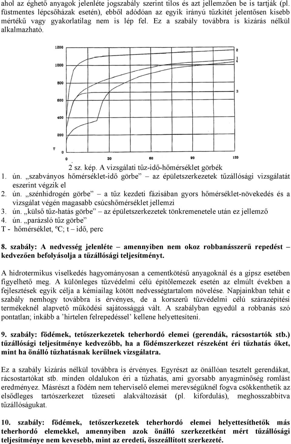 A vizsgálati tűz-idő-hőmérséklet görbék 1. ún. szabványos hőmérséklet-idő görbe az épületszerkezetek tűzállósági vizsgálatát eszerint végzik el 2. ún. szénhidrogén görbe a tűz kezdeti fázisában gyors hőmérséklet-növekedés és a vizsgálat végén magasabb csúcshőmérséklet jellemzi 3.