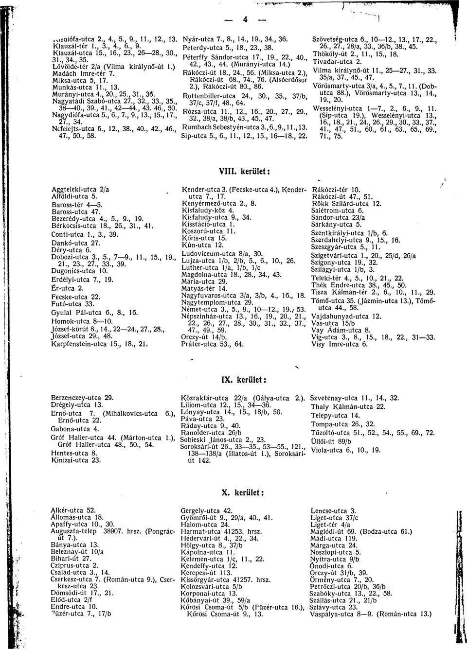 , 34. Nfcfelejts-utca 6., 12., 38., 40., 42., 46., 47., 50., 58. Nyár-utca 7., 8., 14., 19., 34., 36. Peterdy-utca 5., 18., 23., 38. Péterffy Sándor-utca 17., 19., 22., 40., 42., 43., 44.