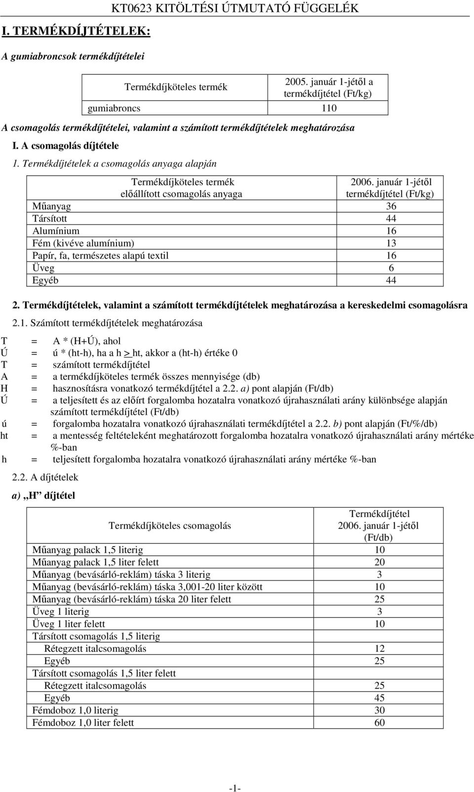 Termékdíjtételek a csomagolás anyaga alapján Termékdíjköteles termék előállított csomagolás anyaga 2006.