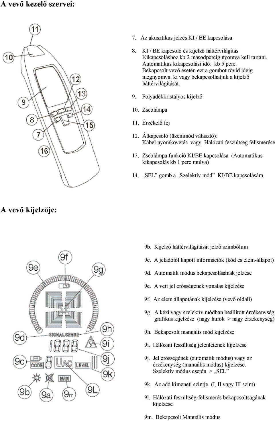 Érzékelő fej 12. Átkapcsoló (üzemmód választó): Kábel nyomkövetés vagy Hálózati feszültség felismerése 13. Zseblámpa funkció KI/BE kapcsolása (Automatikus kikapcsolás kb 1 perc mulva) 14.