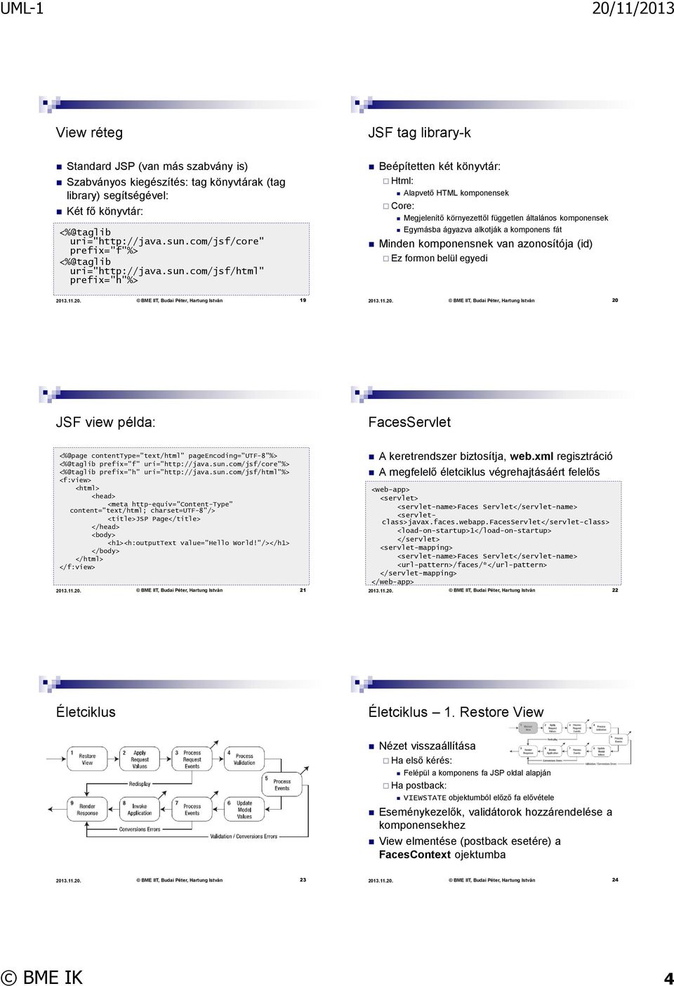 com/jsf/html" prefix="h"%> Beépítetten két könyvtár: Html: Alapvető HTML komponensek Core: Megjelenítő környezettől független általános komponensek Egymásba ágyazva alkotják a komponens fát Minden