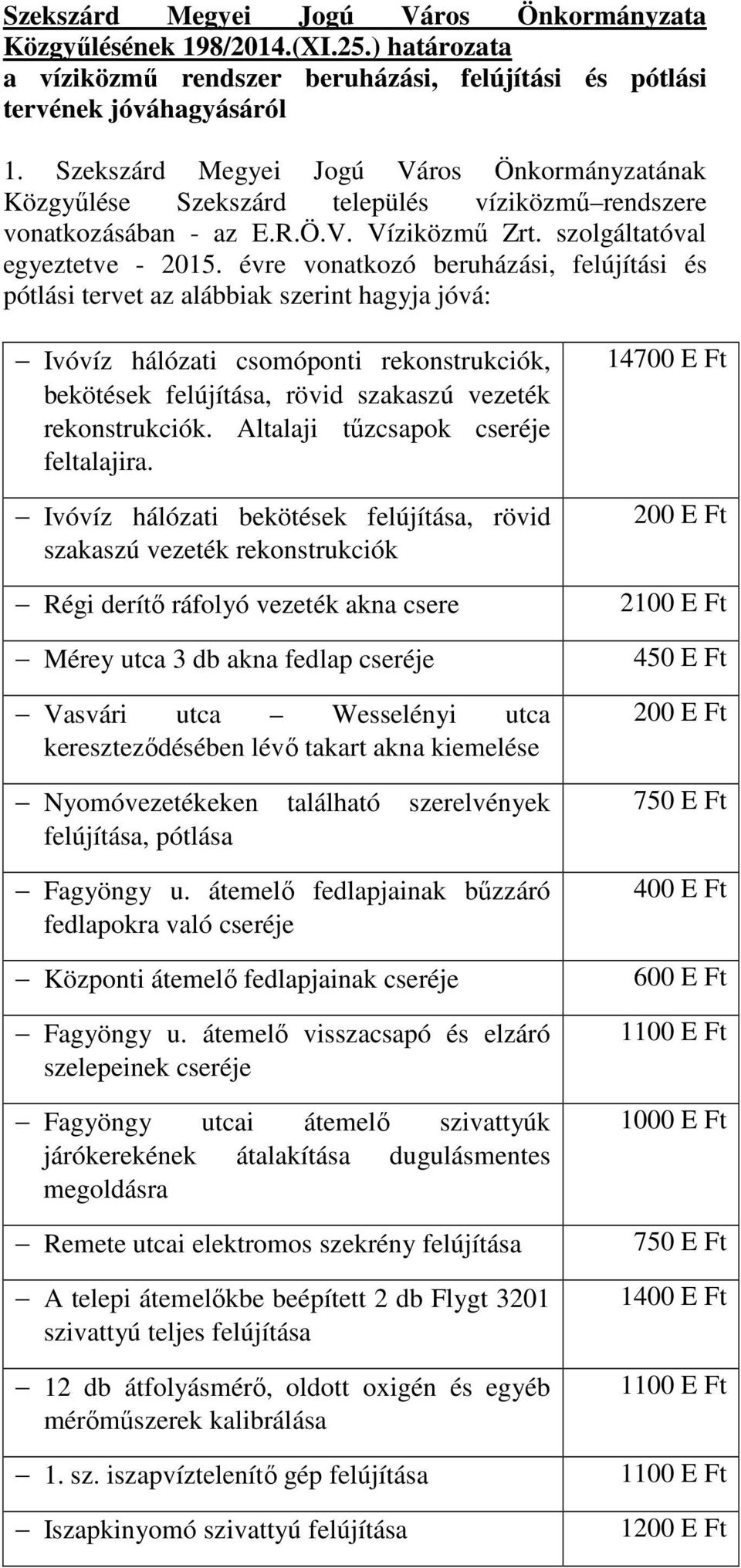 évre vonatkozó beruházási, felújítási és pótlási tervet az alábbiak szerint hagyja jóvá: Ivóvíz hálózati csomóponti rekonstrukciók, bekötések felújítása, rövid szakaszú vezeték rekonstrukciók.