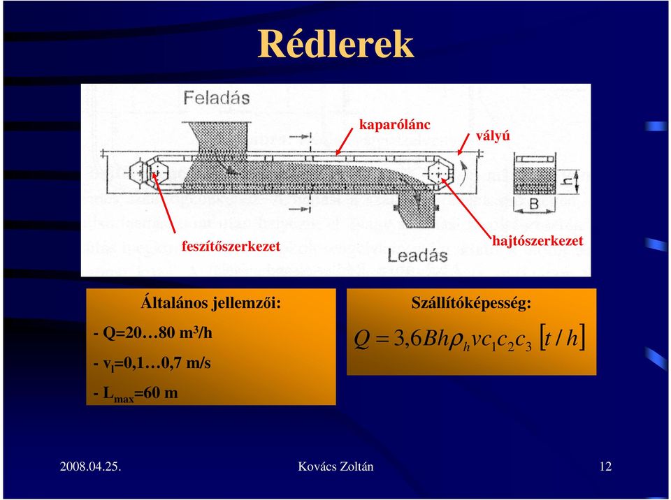 - v l =0,1 0,7 m/s - L max =60 m Szállítóképesség: [