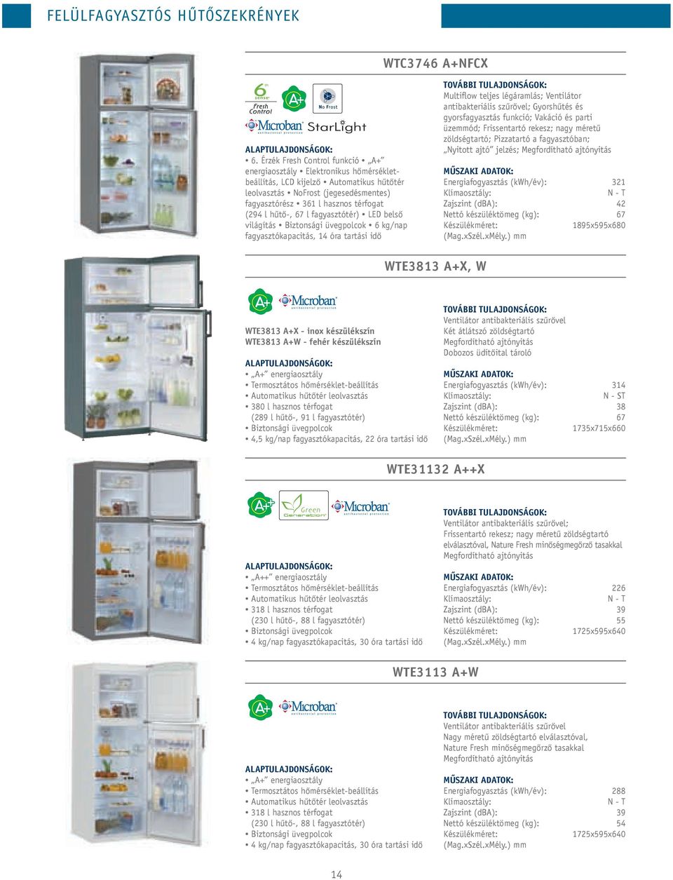 hűtő-, 67 l fagyasztótér) LED belső világítás Biztonsági üvegpolcok 6 kg/nap fagyasztókapacitás, 14 óra tartási idő Multiflow teljes légáramlás; Ventilátor antibakteriális szűrővel; Gyorshűtés és