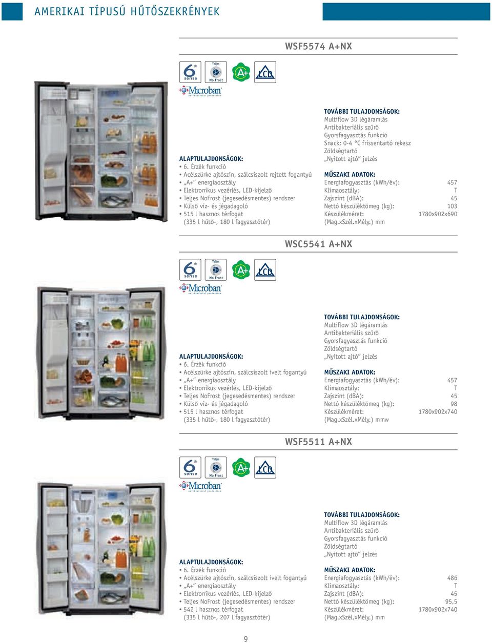 térfogat (335 l hűtő-, 180 l fagyasztótér) Multiflow 3D légáramlás Antibakteriális szűrő Gyorsfagyasztás funkció Snack; 0-4 C frissentartó rekesz Zöldségtartó Nyitott ajtó jelzés Energiafogyasztás