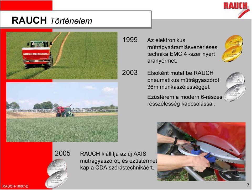 2003 Elsőként mutat be RAUCH pneumatikus műtrágyaszórót 36m munkaszélességgel.