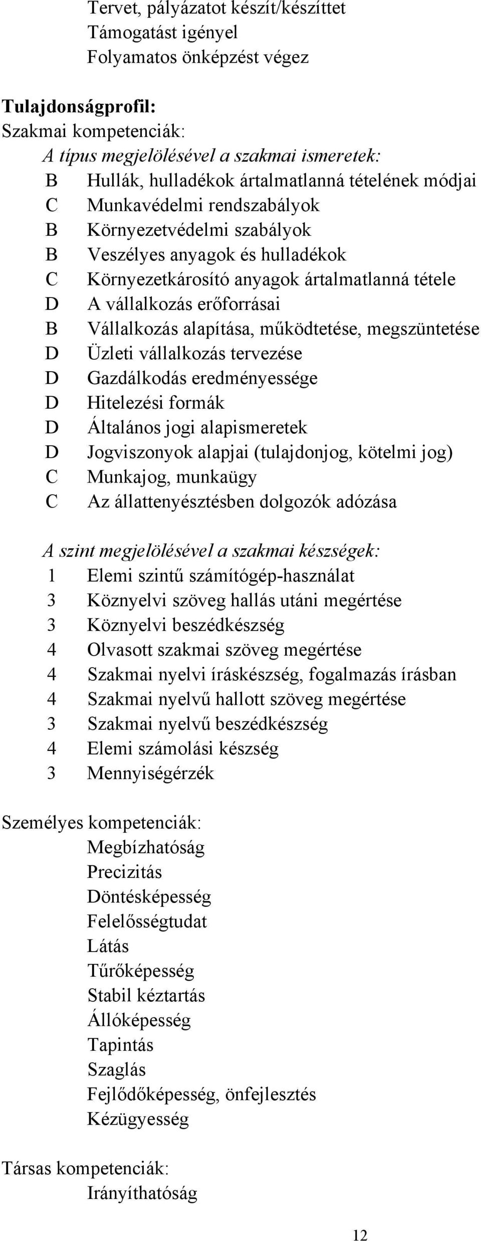 B Vállalkozás alapítása, működtetése, megszüntetése D Üzleti vállalkozás tervezése D Gazdálkodás eredményessége D Hitelezési formák D Általános jogi alapismeretek D Jogviszonyok alapjai (tulajdonjog,