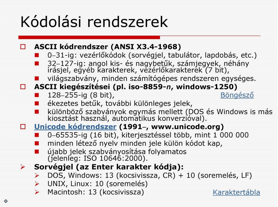 iso-8859-n, windows-1250) 128 255-ig (8 bit), Böngésző ékezetes betűk, további különleges jelek, különböző szabványok egymás mellett (DOS és Windows is más kiosztást használ, automatikus