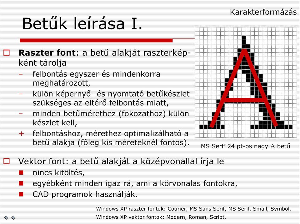 szükséges az eltérő felbontás miatt, minden betűmérethez (fokozathoz) külön készlet kell, + felbontáshoz, mérethez optimalizálható a betű alakja (főleg kis