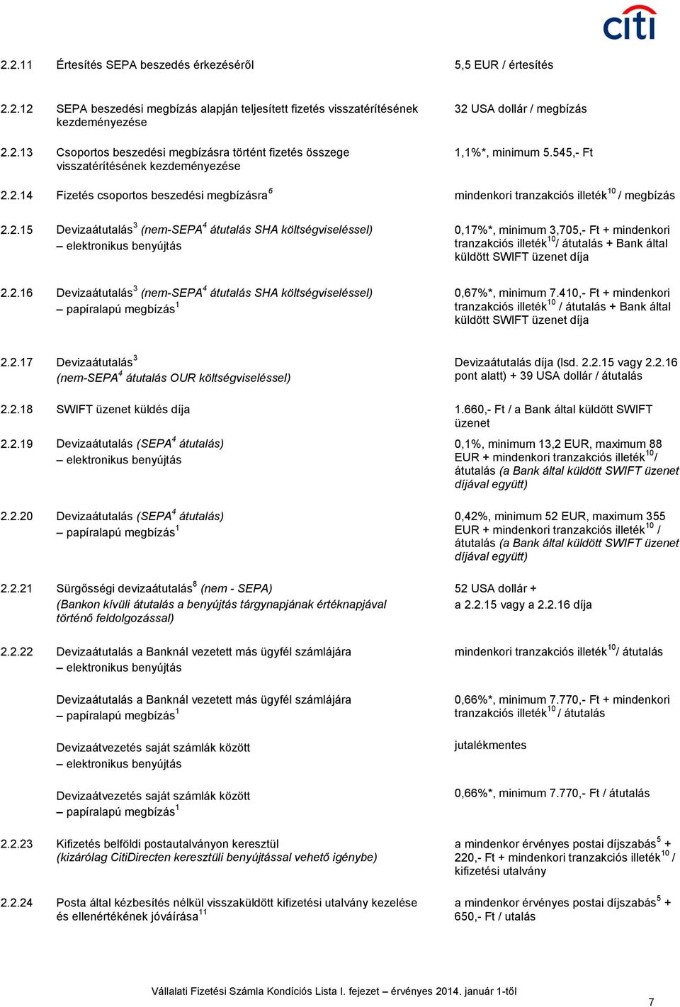 2.14 Fizetés csoportos beszedési megbízásra 6 mindenkori tranzakciós illeték 10 / megbízás 2.2.15 Devizaátutalás 3 (nem-sepa 4 átutalás SHA költségviseléssel) elektronikus benyújtás 0,17%*, minimum