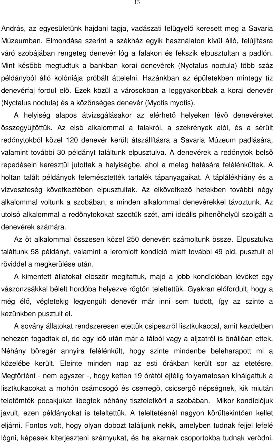 Mint később megtudtuk a bankban korai denevérek (Nyctalus noctula) több száz példányból álló kolóniája próbált áttelelni. Hazánkban az épületekben mintegy tíz denevérfaj fordul elő.