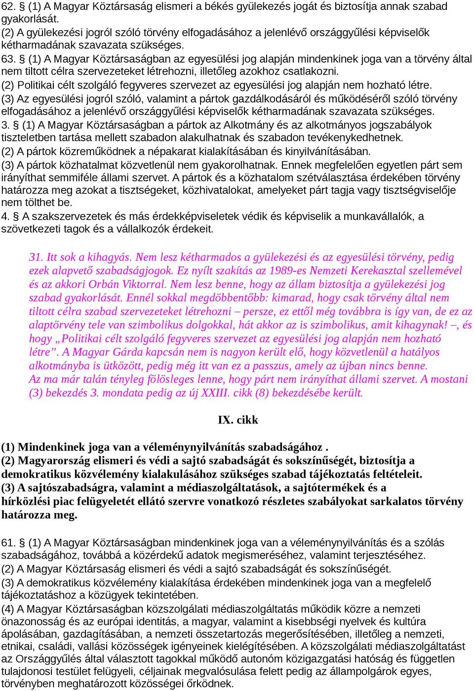 (1) A Magyar Köztársaságban az egyesülési jog alapján mindenkinek joga van a törvény által nem tiltott célra szervezeteket létrehozni, illetőleg azokhoz csatlakozni.