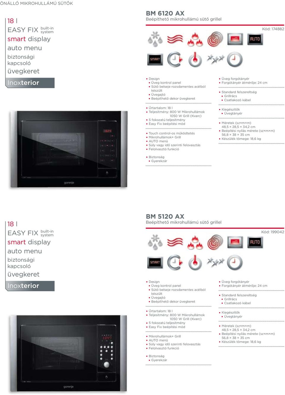 Teljesítmény: 800 W Mikrohullámok 1050 W Grill (Kvarc) 5 fokozatú teljesítmény Easy Fix beépítési mód Touch control-os működtetés Mikrohullámok+ Grill AUTO menü Súly vagy idő szerinti felovasztás