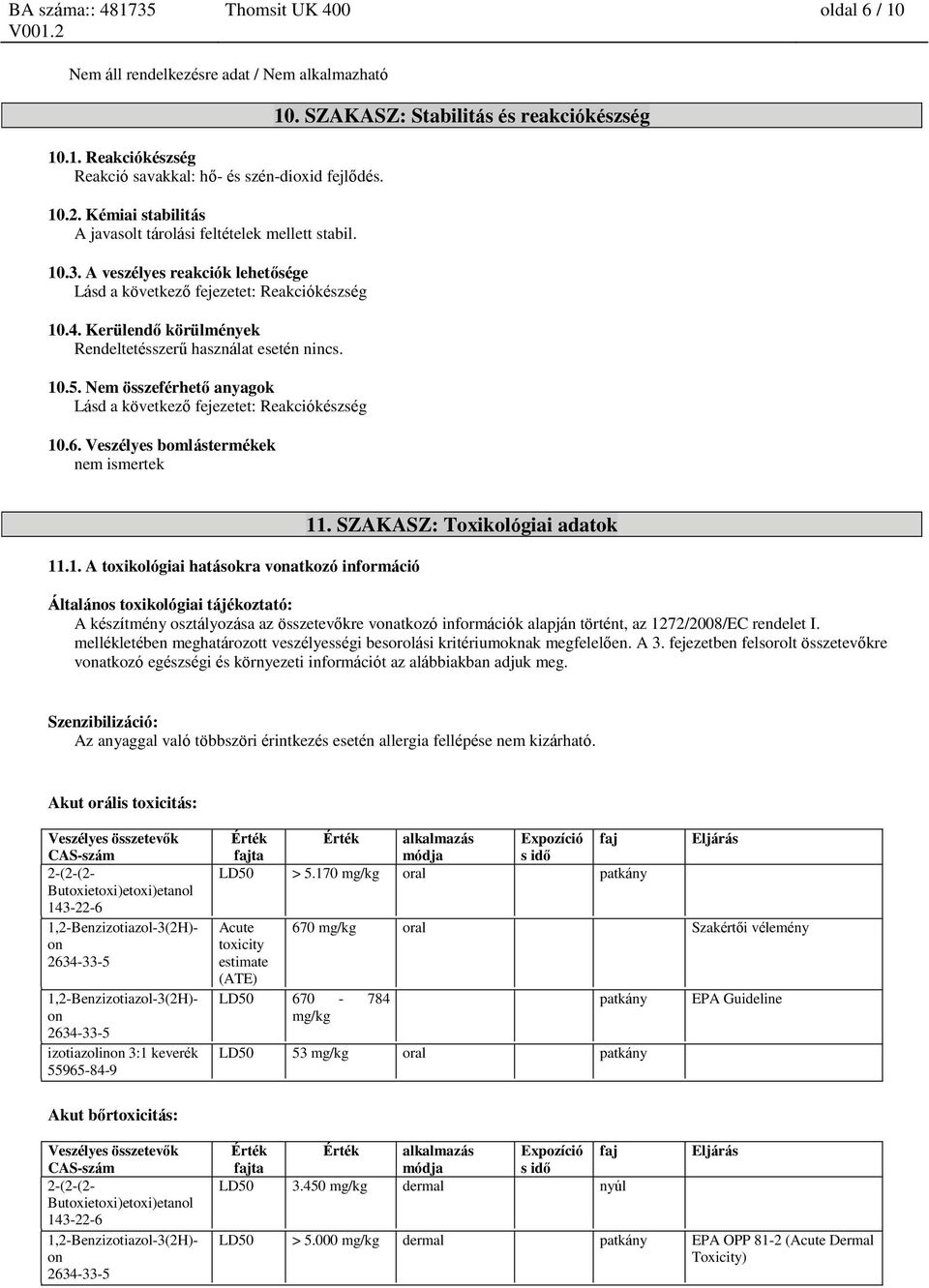 Nem összeférhető anyagok Lásd a következő fejezetet: Reakciókészség 10.6. Veszélyes bomlástermékek nem ismertek 10. SZAKASZ: Stabilitás és reakciókészség 11.1. A toxikológiai hatásokra vatkozó információ 11.