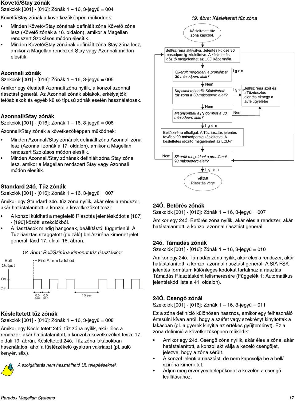 Azonnali zónák Szekciók [001] - [016]: Zónák 1 16, 3-jegyű = 005 Amikor egy élesített Azonnali zóna nyílik, a konzol azonnal riasztást generál.