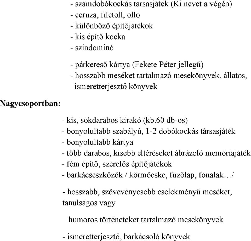 60 db-os) - bonyolultabb szabályú, 1-2 dobókockás társasjáték - bonyolultabb kártya - több darabos, kisebb eltéréseket ábrázoló memóriajáték - fém építő, szerelős