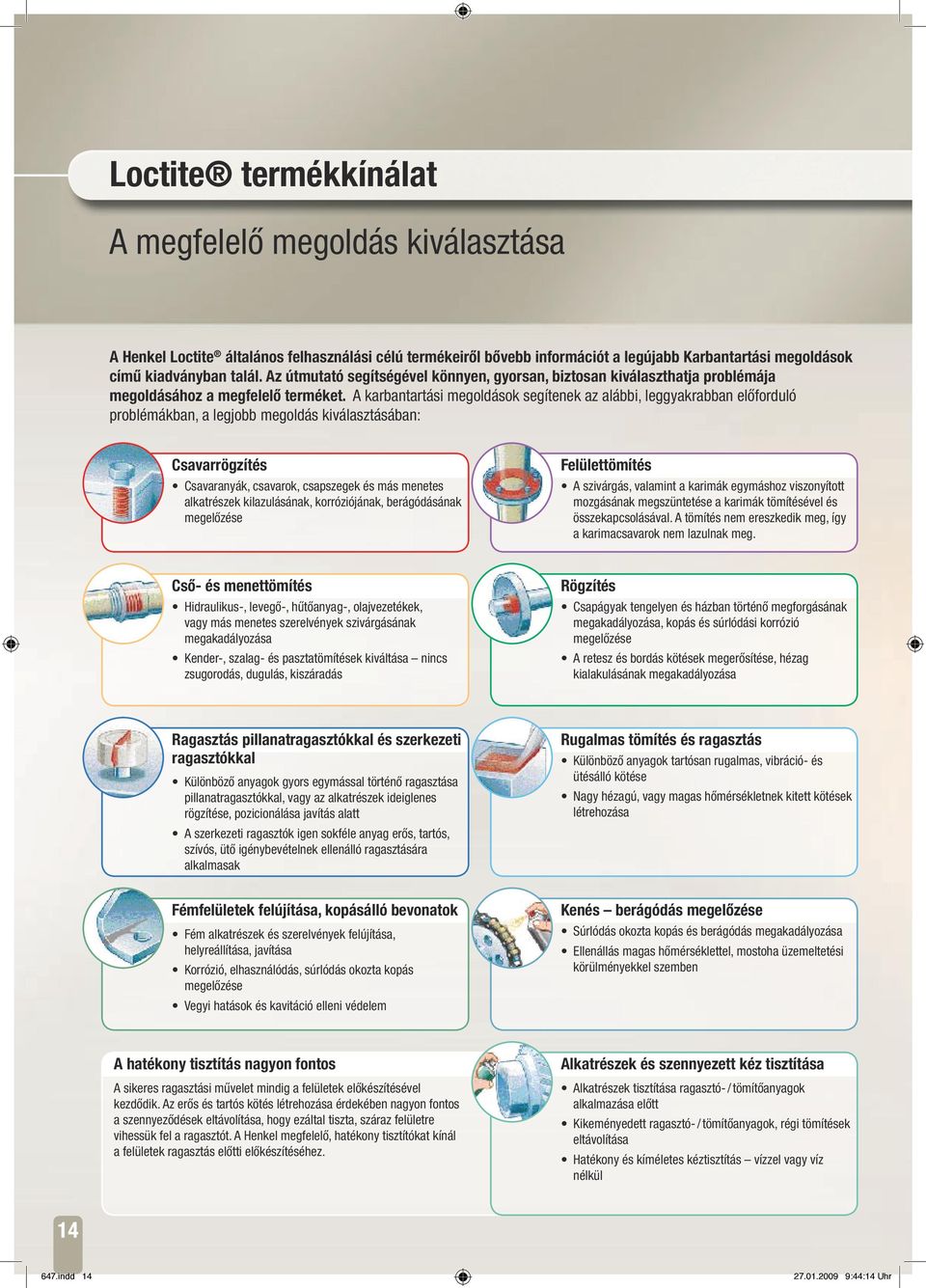 A karbantartási megoldások segítenek az alábbi, leggyakrabban előforduló problémákban, a legjobb megoldás kiválasztásában: Csavarrögzítés Csavaranyák, csavarok, csapszegek és más menetes alkatrészek