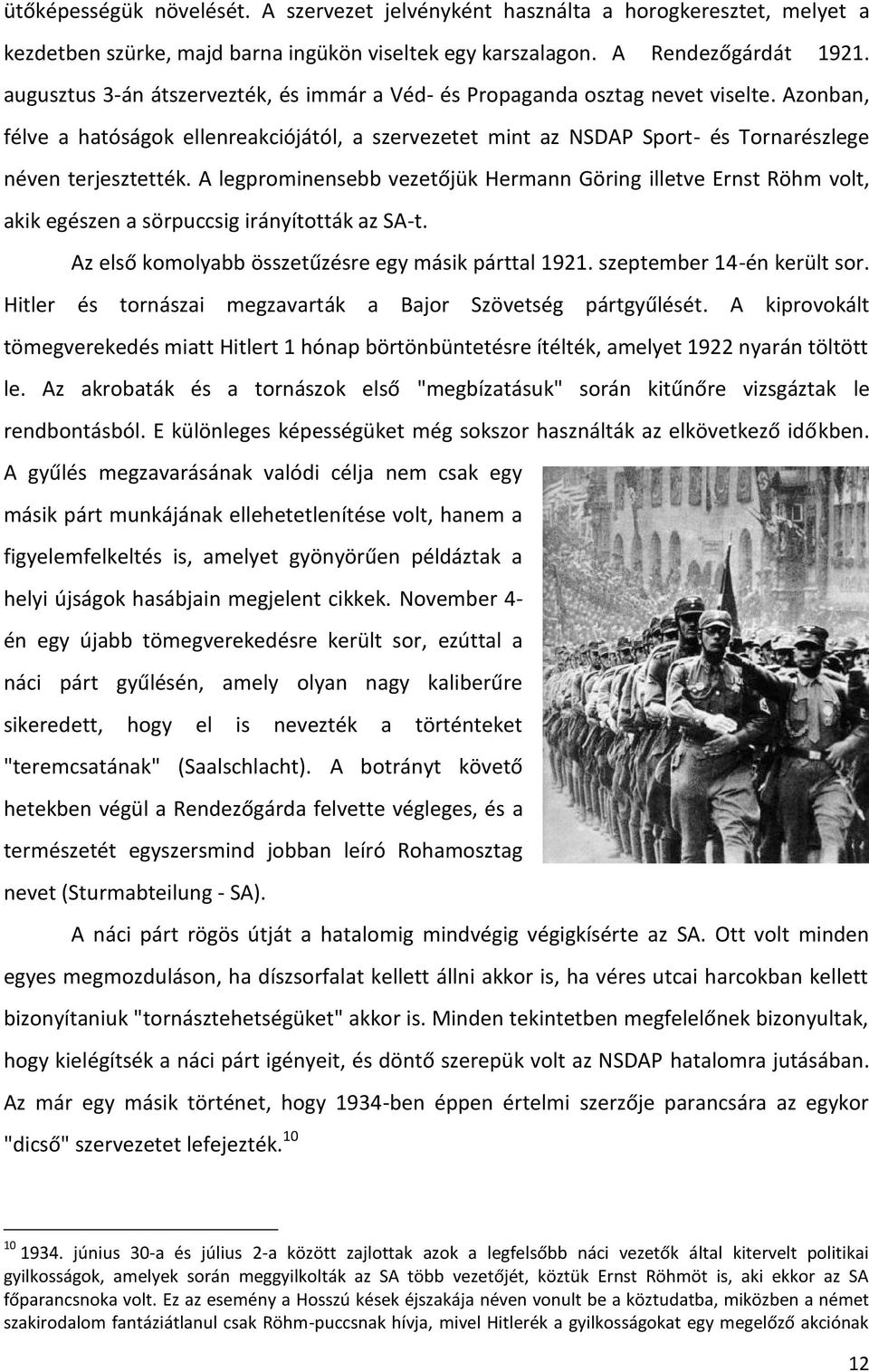 A legprominensebb vezetőjük Hermann Göring illetve Ernst Röhm volt, akik egészen a sörpuccsig irányították az SA-t. Az első komolyabb összetűzésre egy másik párttal 1921. szeptember 14-én került sor.