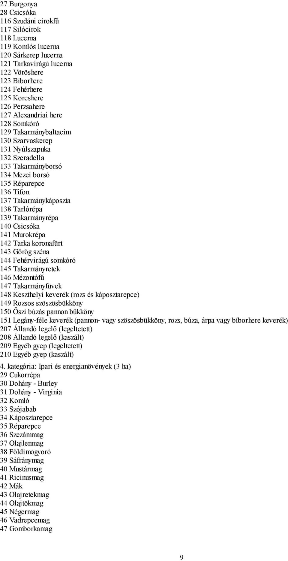 Tarlórépa 139 Takarmányrépa 140 Csicsóka 141 Murokrépa 142 Tarka koronafürt 143 Görög széna 144 Fehérvirágú somkóró 145 Takarmányretek 146 Mézontófű 147 Takarmányfüvek 148 Keszthelyi keverék (rozs és