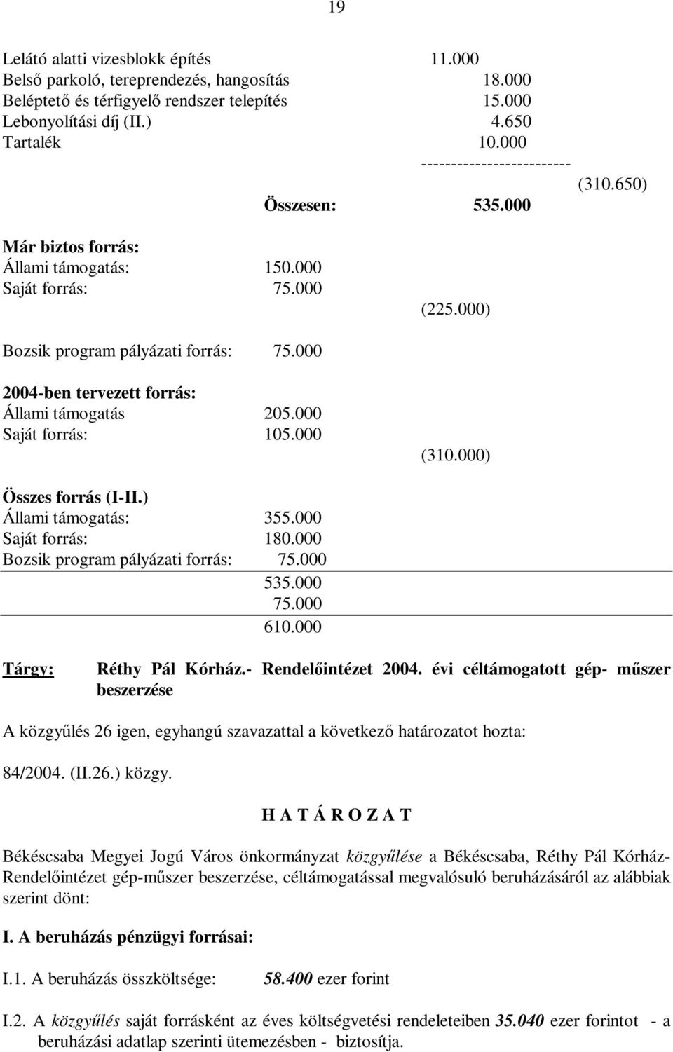 000 2004-ben tervezett forrás: Állami támogatás 205.000 Saját forrás: 105.000 (310.000) Összes forrás (I-II.) Állami támogatás: 355.000 Saját forrás: 180.000 Bozsik program pályázati forrás: 75.