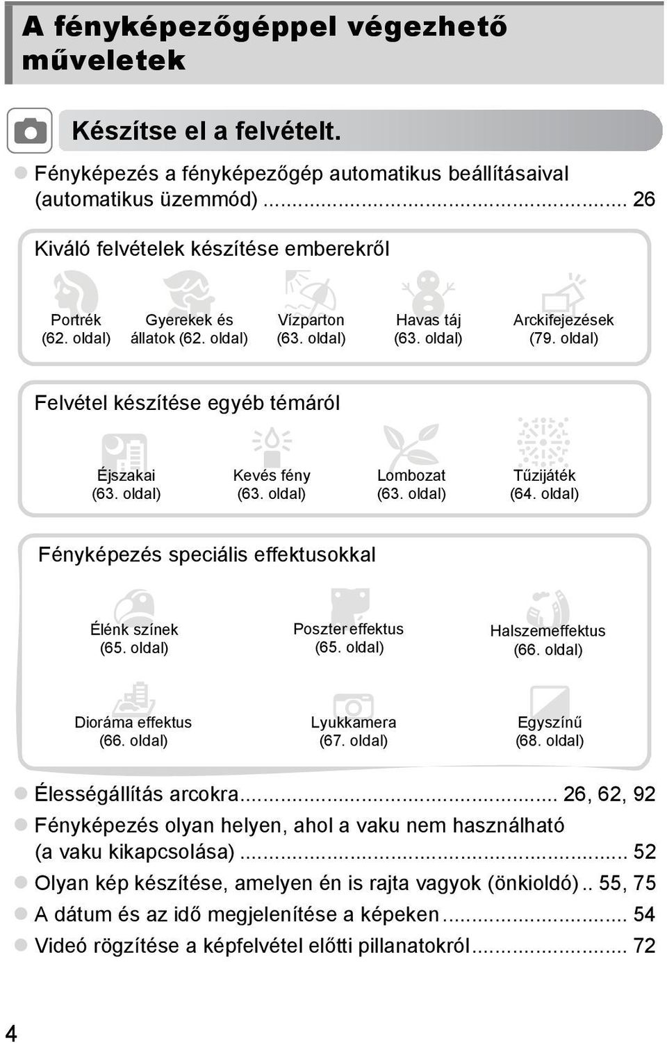 oldal) Felvétel készítése egyéb témáról Éjszakai (63. oldal) Kevés fény (63. oldal) O Lombozat (63. oldal) ttűzijáték (64. oldal) Fényképezés speciális effektusokkal Élénk színek (65.