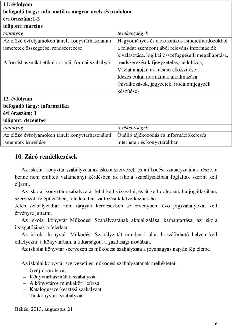 évfolyam befogadó tárgy: informatika évi óraszám: 1 időpont: december tananyag Az előző évfolyamokon tanult könyvtárhasználati ismeretek ismétlése 10.