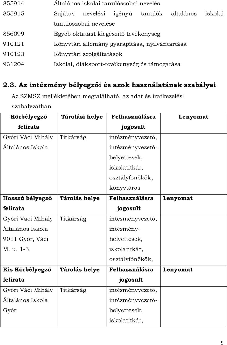 Körbélyegző Tárolási helye Felhasználásra Lenyomat felirata jogosult Győri Váci Mihály Általános Iskola Titkárság intézményvezető, intézményvezetőhelyettesek, iskolatitkár, osztályfőnökök, könyvtáros