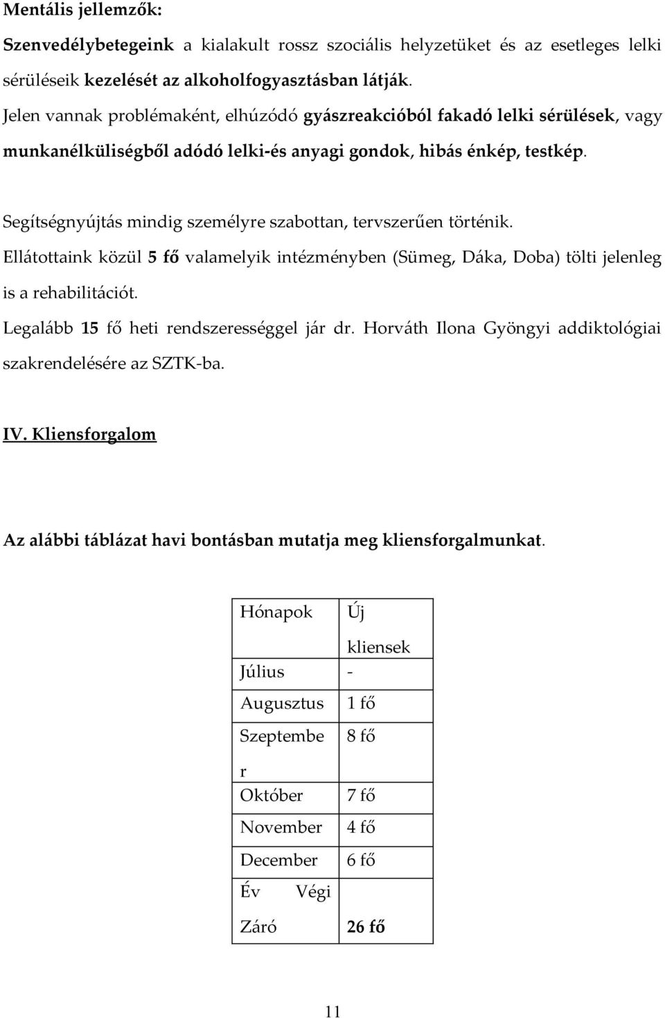 Segítségnyújtás mindig személyre szabottan, tervszerűen történik. Ellátottaink közül 5 fő valamelyik intézményben (Sümeg, Dáka, Doba) tölti jelenleg is a rehabilitációt.