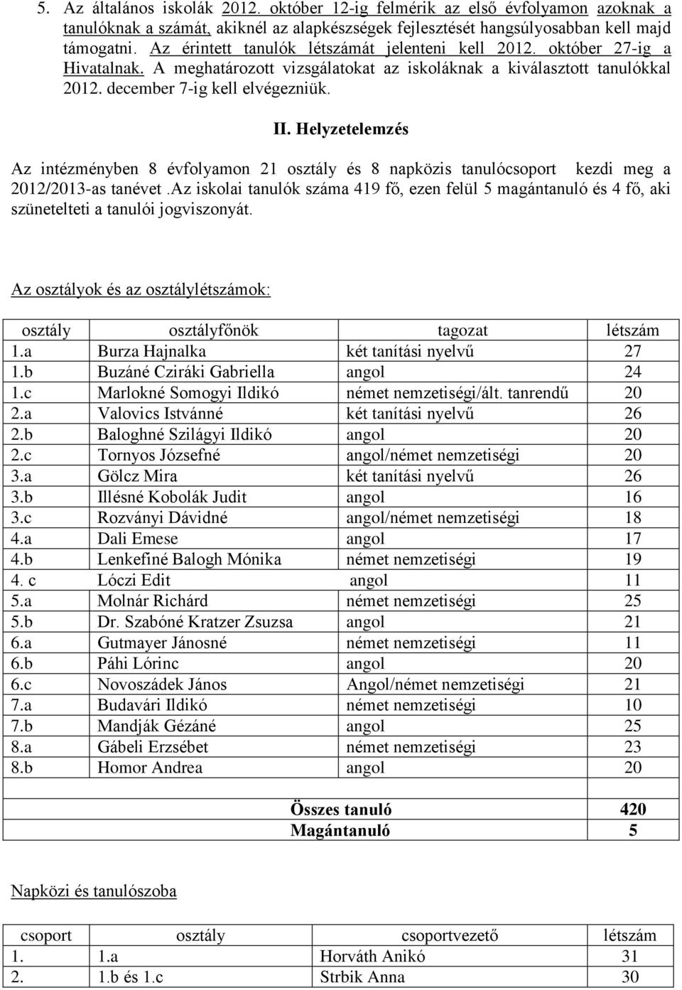 Helyzetelemzés Az intézményben 8 évfolyamon 21 osztály és 8 napközis tanulócsoport kezdi meg a 2012/2013-as tanévet.