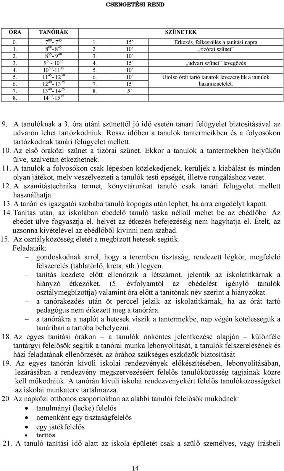 óra utáni szünettől jó idő esetén tanári felügyelet biztosításával az udvaron lehet tartózkodniuk. Rossz időben a tanulók tantermeikben és a folyosókon tartózkodnak tanári felügyelet mellett. 10.