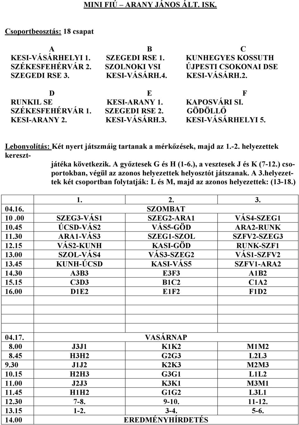 Lebonyolítás: Két nyert játszmáig tartanak a mérkőzések, majd az 1.-2. helyezettek keresztjátéka következik. A győztesek G és H (1-6.), a vesztesek J és K (7-12.