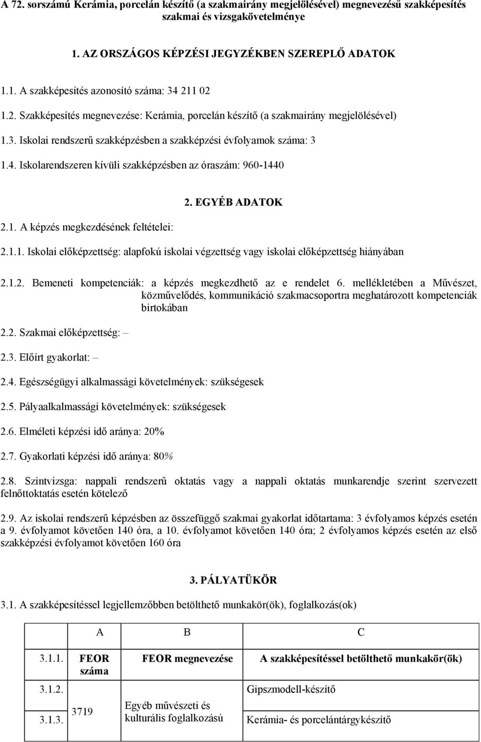 Iskolarendszeren kívüli szakképzésben az óraszám: 960-1440 2.1. A képzés megkezdésének feltételei: 2. EGYÉB ADATOK 2.1.1. Iskolai előképzettség: alapfokú iskolai végzettség vagy iskolai előképzettség hiányában 2.