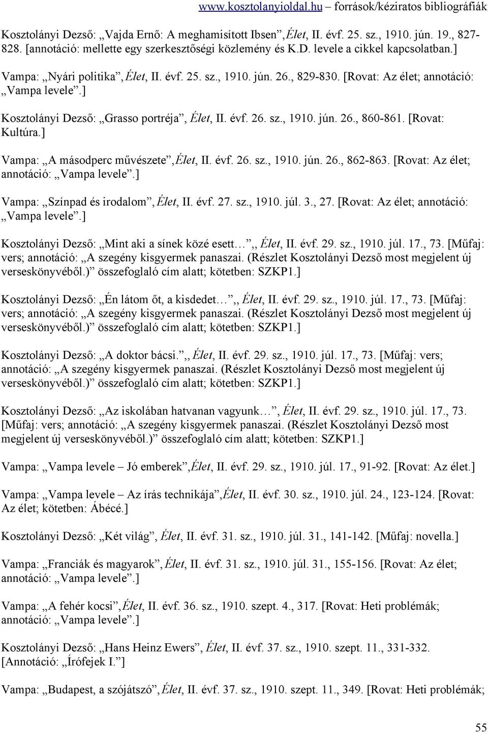 [Rovat: Kultúra.] Vampa: A másodperc művészete, Élet, II. évf. 26. sz., 1910. jún. 26., 862-863. [Rovat: Az élet; annotáció: Vampa levele.] Vampa: Színpad és irodalom, Élet, II. évf. 27. sz., 1910. júl.