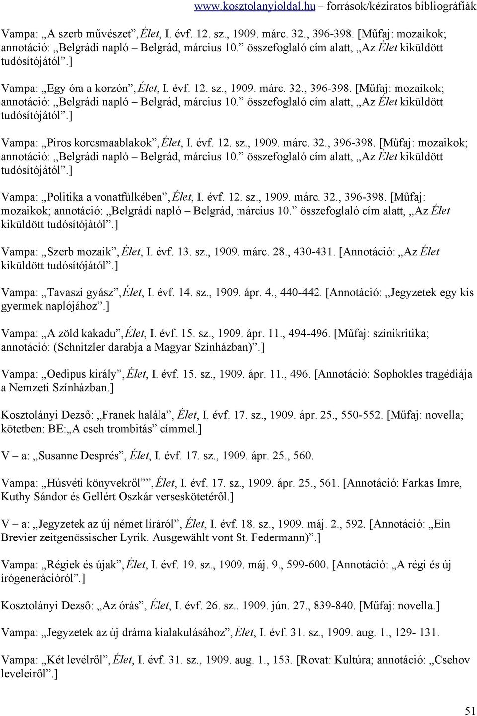 ] Vampa: Piros korcsmaablakok, Élet, I. évf. 12. sz., 1909. márc. 32., 396-398. [Műfaj: mozaikok; annotáció: Belgrádi napló Belgrád, március 10.