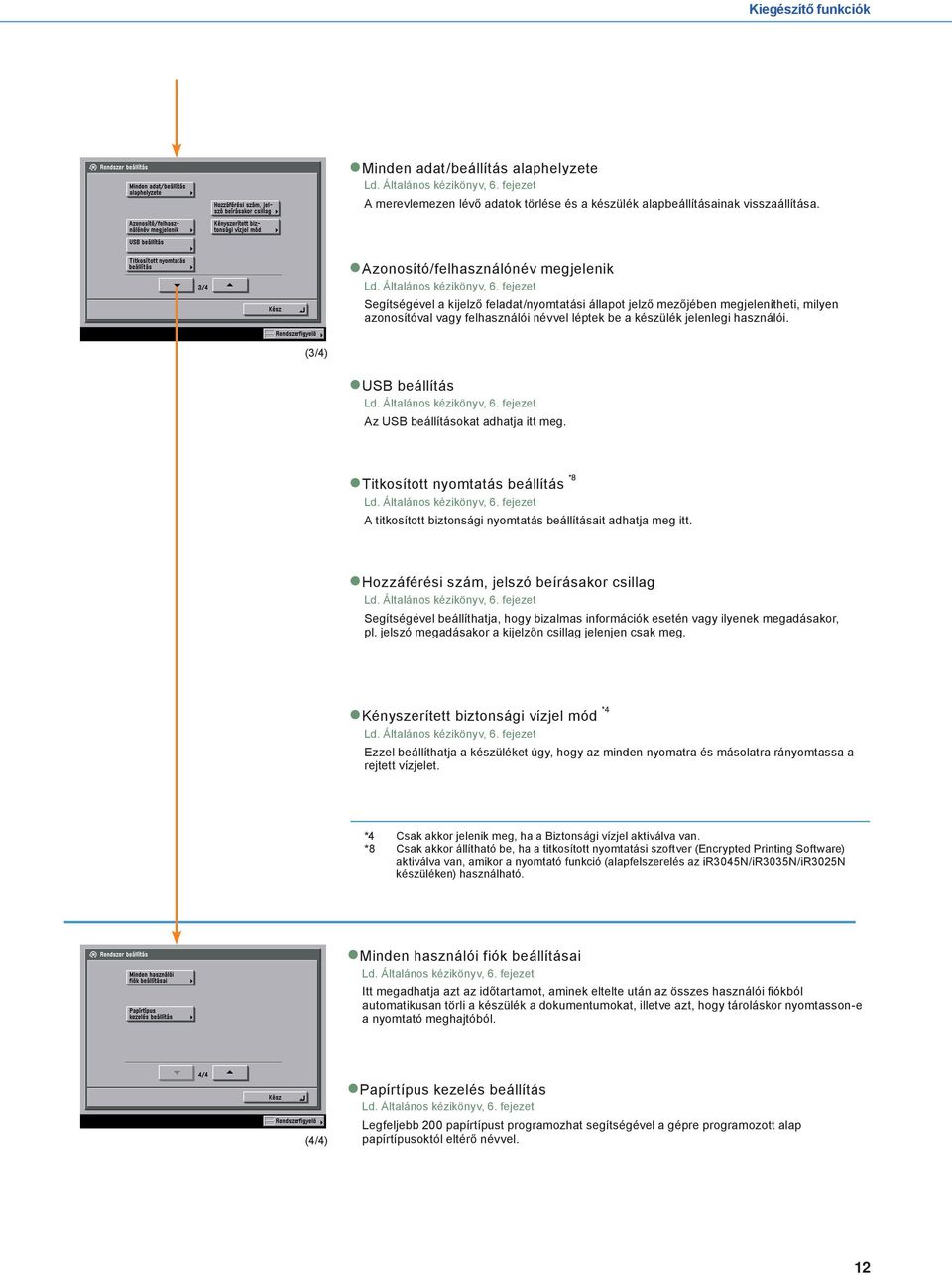 használói. (3/4) USB beállítás Az USB beállításokat adhatja itt meg. Titkosított nyomtatás beállítás A titkosított biztonsági nyomtatás beállításait adhatja meg itt.