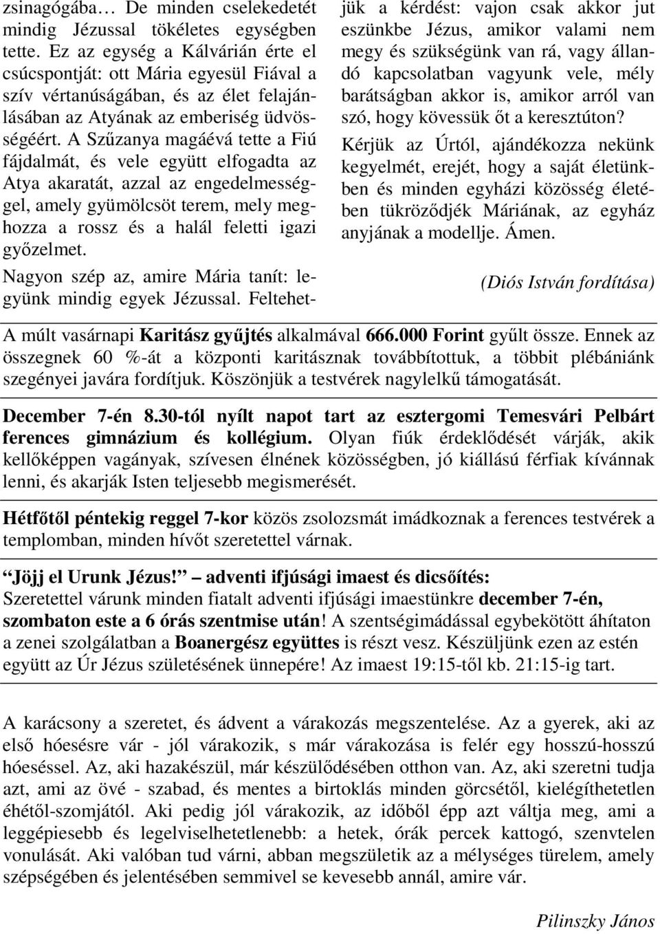 A Szűzanya magáévá tette a Fiú fájdalmát, és vele együtt elfogadta az Atya akaratát, azzal az engedelmességgel, amely gyümölcsöt terem, mely meghozza a rossz és a halál feletti igazi győzelmet.