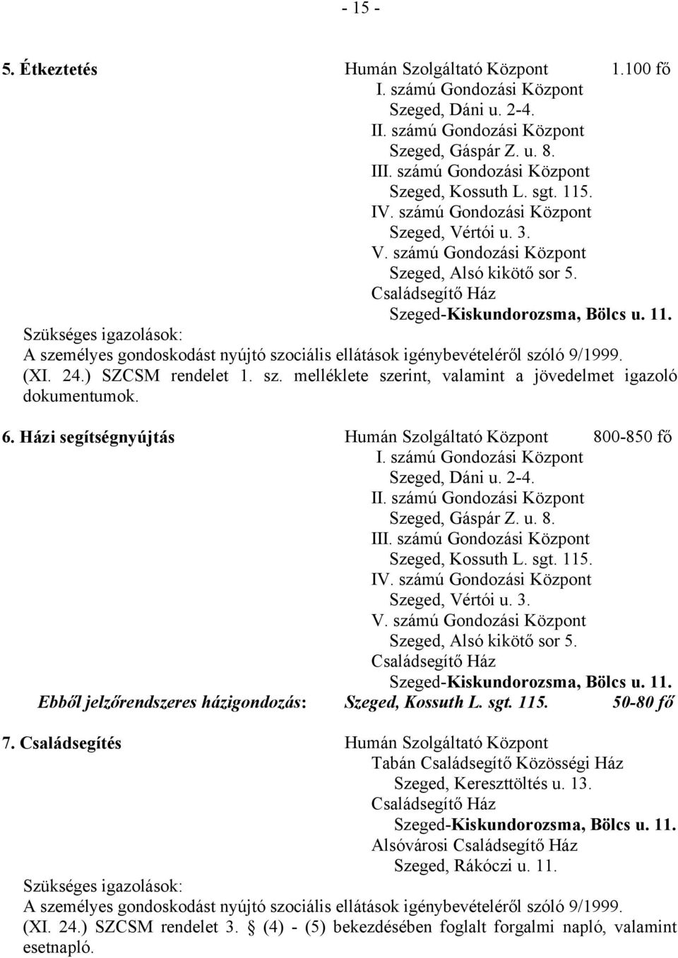 Családsegítő Ház Szeged-Kiskundorozsma, Bölcs u. 11. (XI. 24.) SZCSM rendelet 1. sz. melléklete szerint, valamint a jövedelmet igazoló dokumentumok. 6.