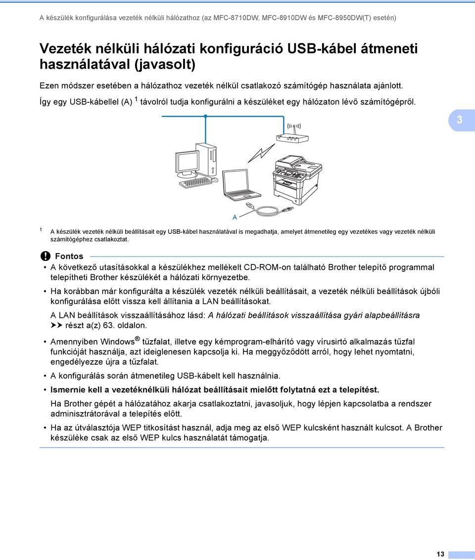 3 A 1 A készülék vezeték nélküli beállításait egy USB-kábel használatával is megadhatja, amelyet átmenetileg egy vezetékes vagy vezeték nélküli számítógéphez csatlakoztat.