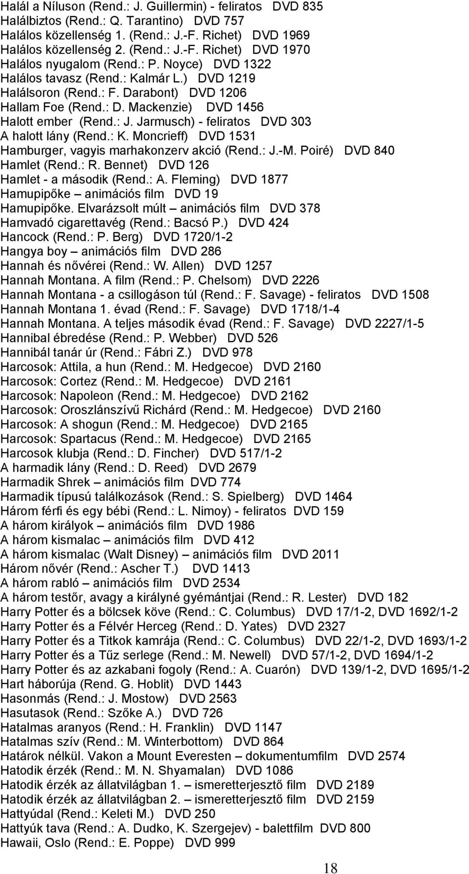 Jarmusch) - feliratos DVD 303 A halott lány (Rend.: K. Moncrieff) DVD 1531 Hamburger, vagyis marhakonzerv akció (Rend.: J.-M. Poiré) DVD 840 Hamlet (Rend.: R. Bennet) DVD 126 Hamlet - a második (Rend.