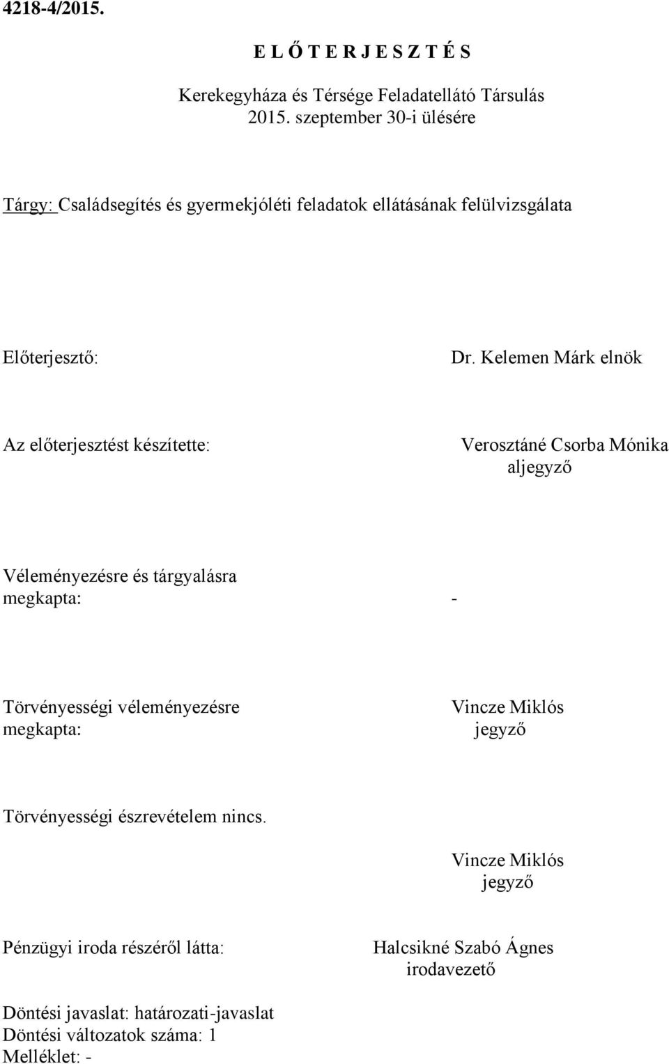 Kelemen Márk elnök Az előterjesztést készítette: Verosztáné Csorba Mónika aljegyző Véleményezésre és tárgyalásra megkapta: - Törvényességi